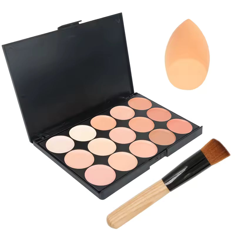 Palette de maquillage professionnel, fond de teint, ombre à barrage, correcteur - 15 couleurs - avec pinceau et éponge