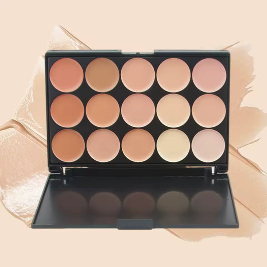 Palette de maquillage professionnel, fond de teint, ombre à barrage, correcteur - 15 couleurs - avec pinceau et éponge