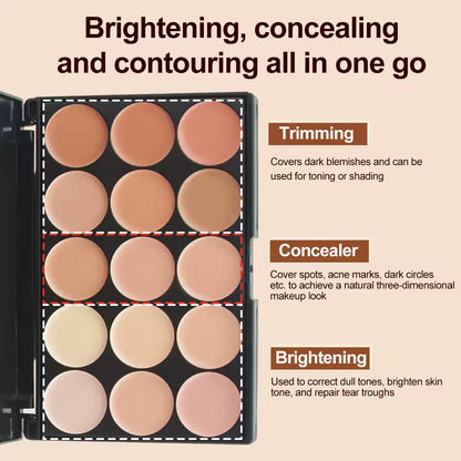 Palette de maquillage professionnel, fond de teint, ombre à barrage, correcteur - 15 couleurs - avec pinceau et éponge